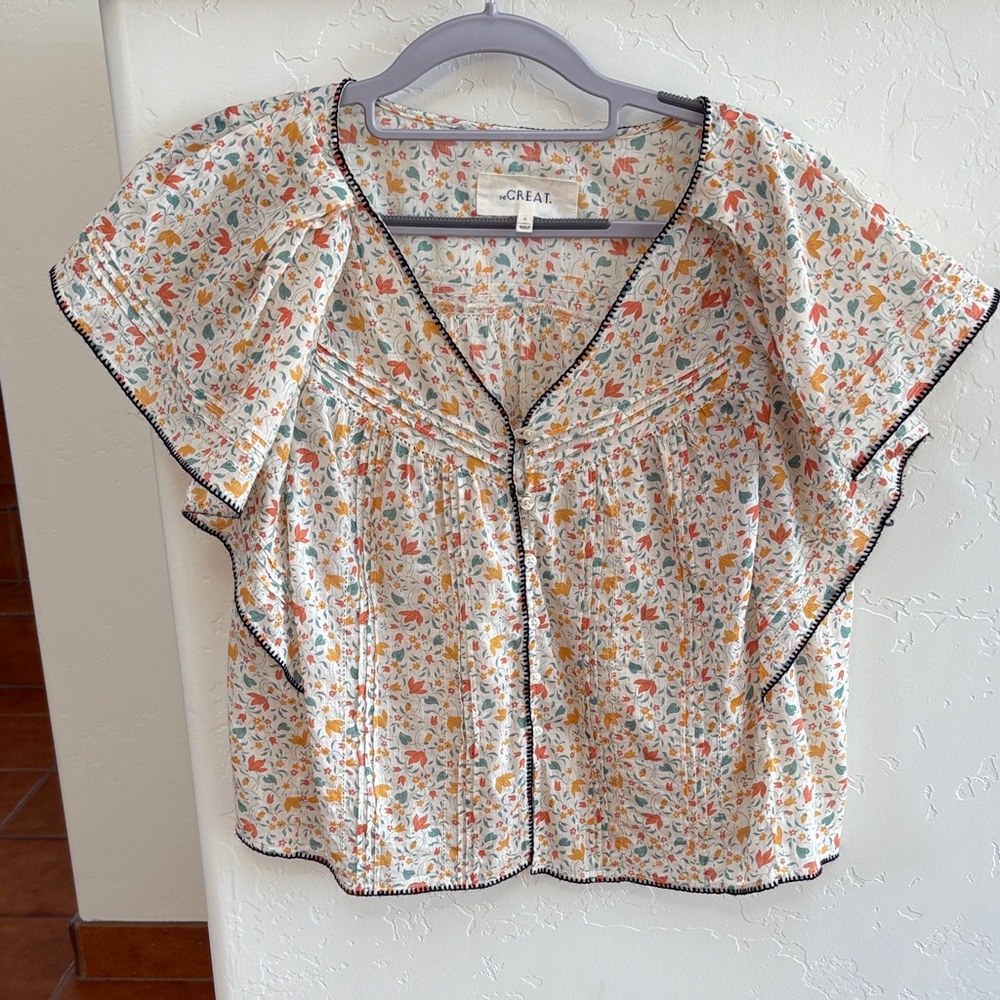 THE GREAT. Floral Blouse - Cream and Orange